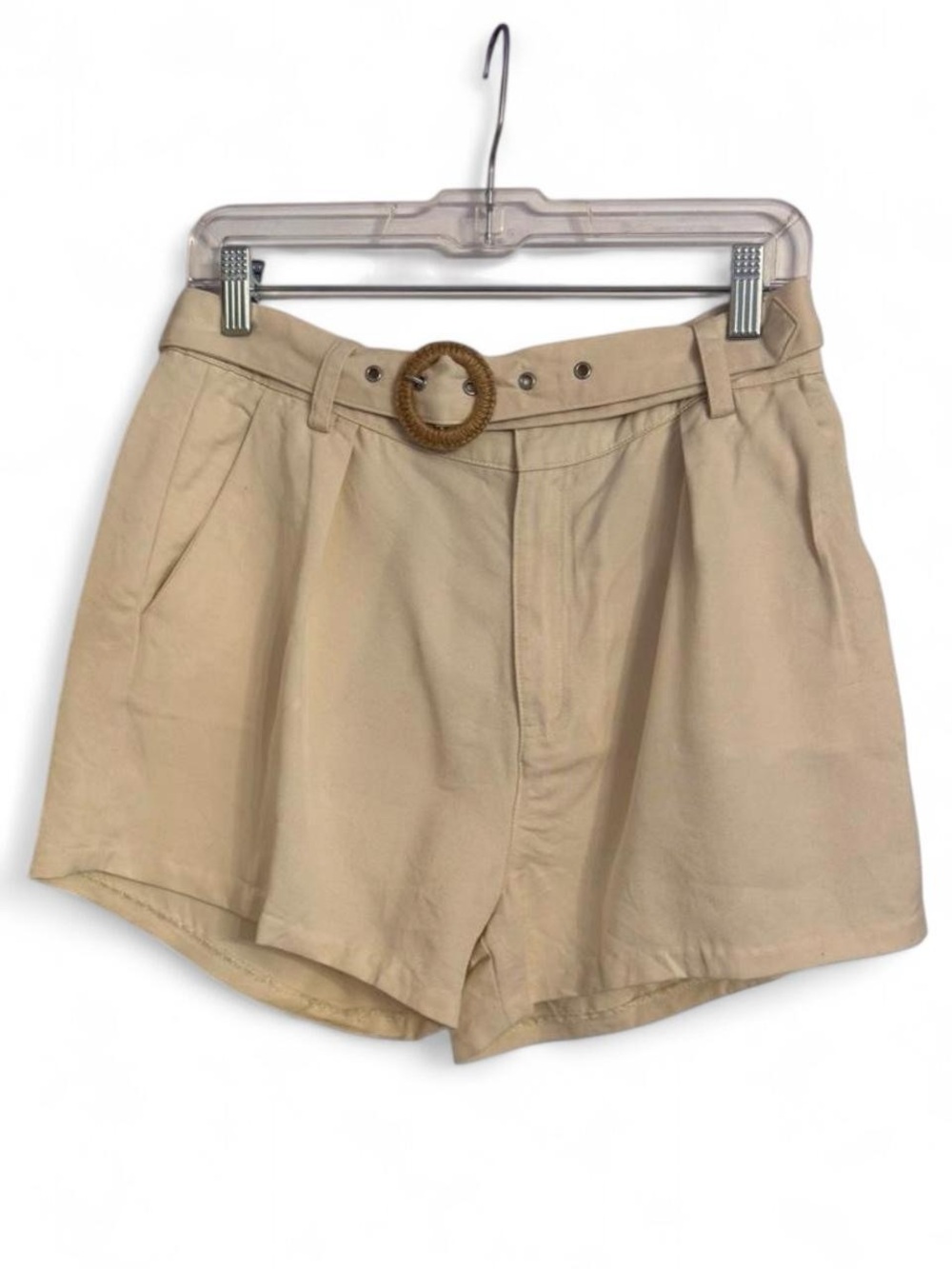 PAIGE Cream High-Waisted Pleated Shorts with Woven Belt